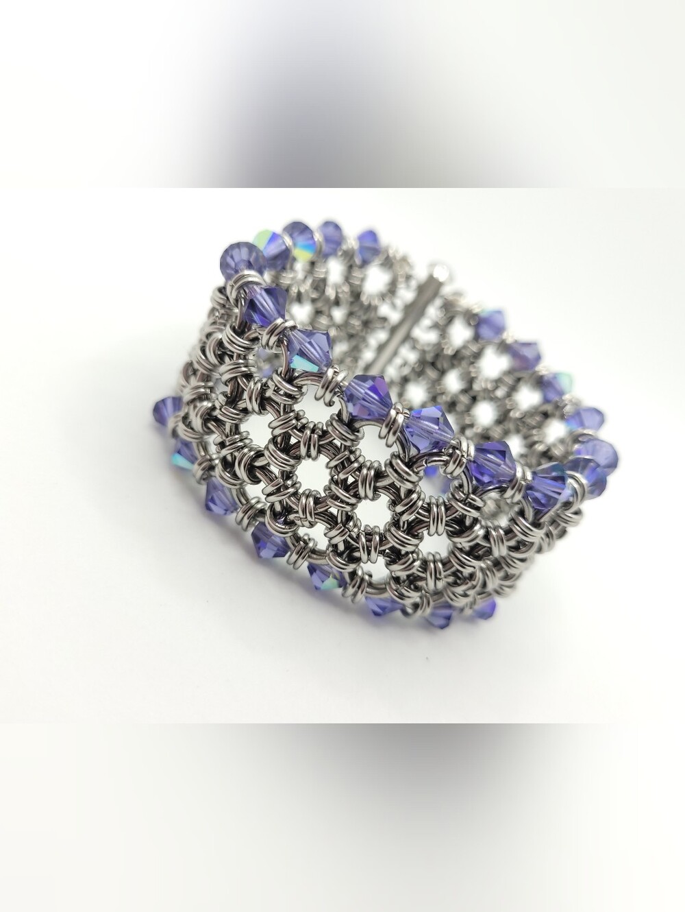 Handwoven Silver Chainmail Bracelet with Violet Crystal Beads
